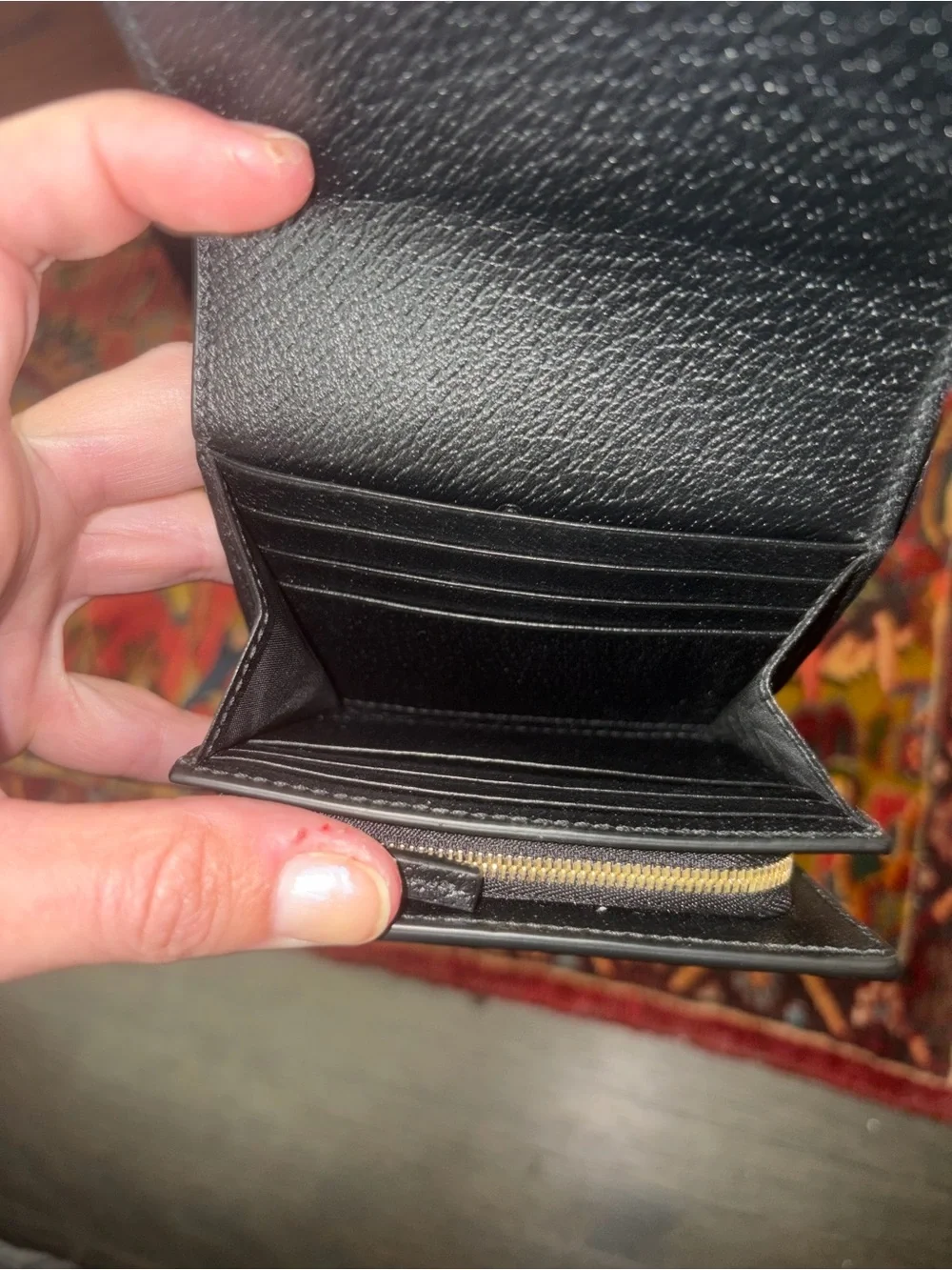 Gucci Black Leather Tri-Fold Wallet with Green and Red Stripe *like new